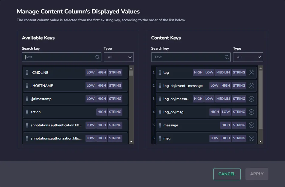 Manage Content Column Coralogix