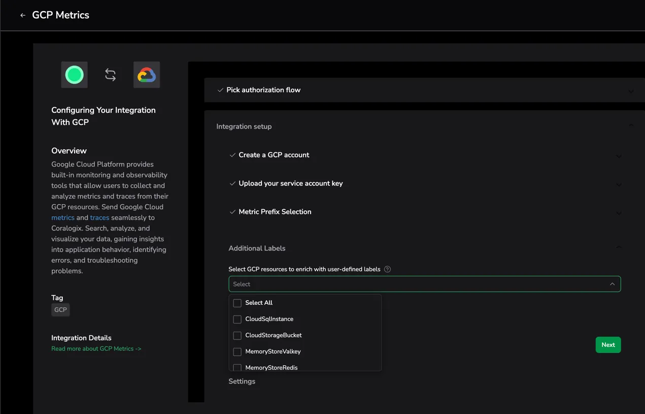 Screenshot of the GCP Metrics setup showing the Select User Labels step with resource type checkboxes