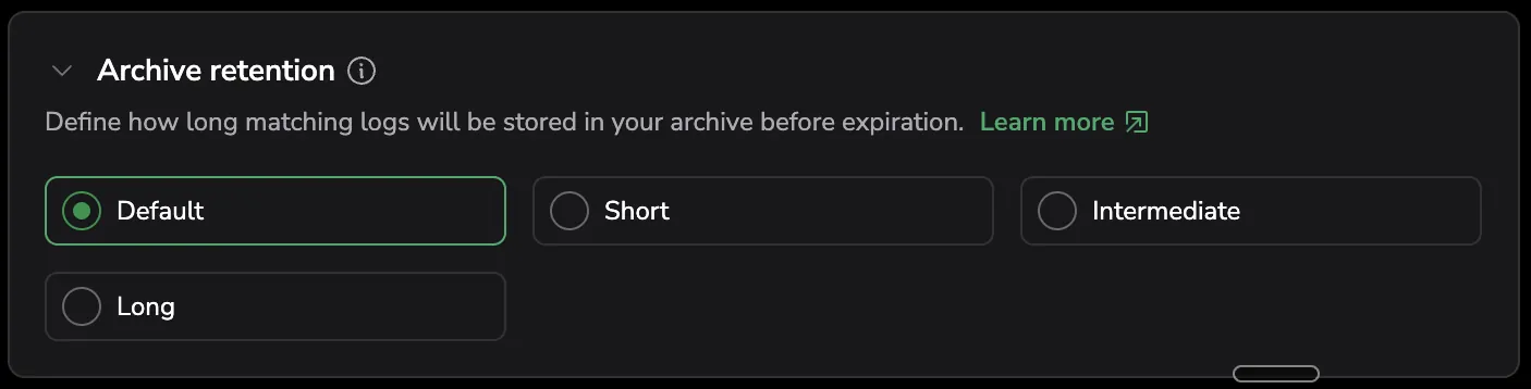 Archive retention options: Default, Short, Intermediate, and Long