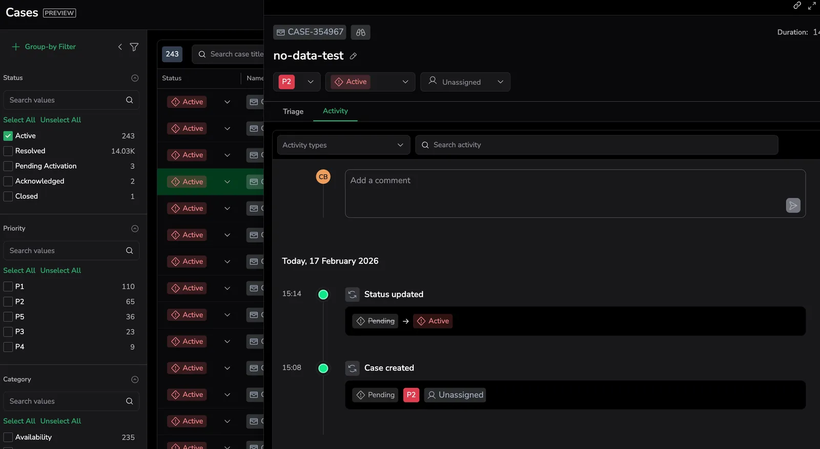 Cases structured activity timeline with lifecycle updates and notifications