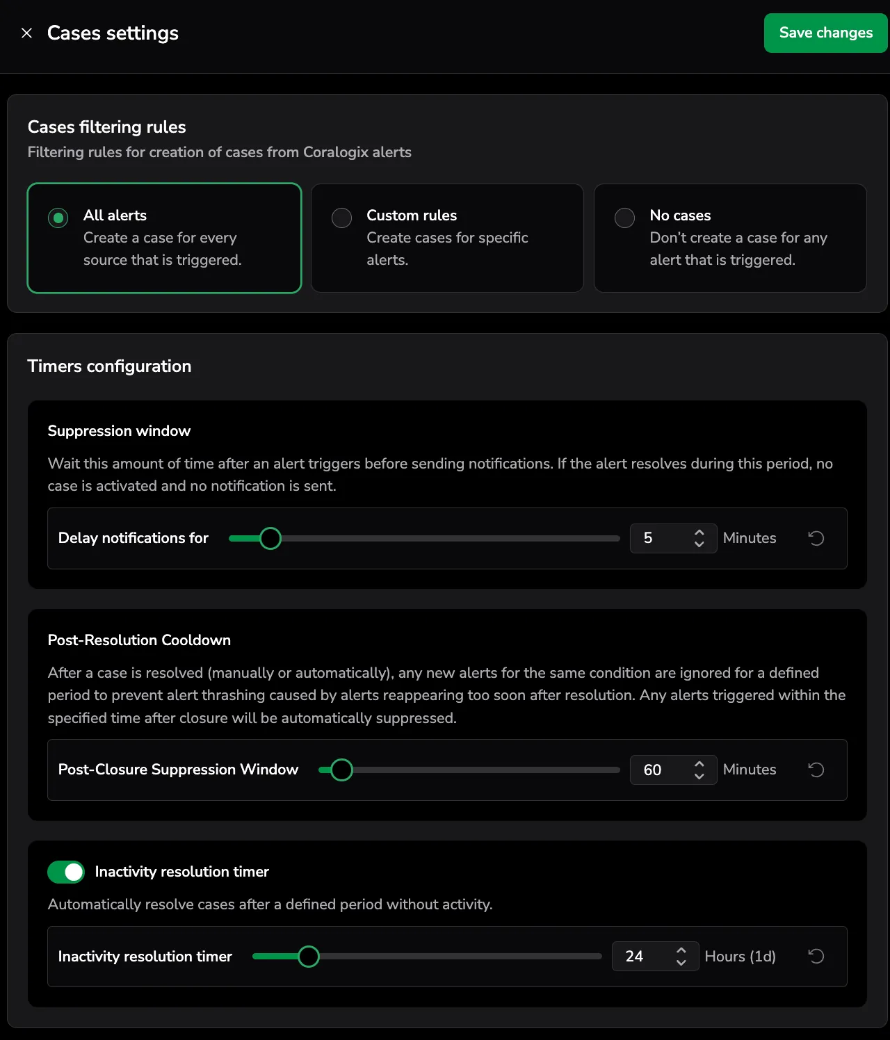 Cases settings for filtering rules, suppression windows, and cooldown periods