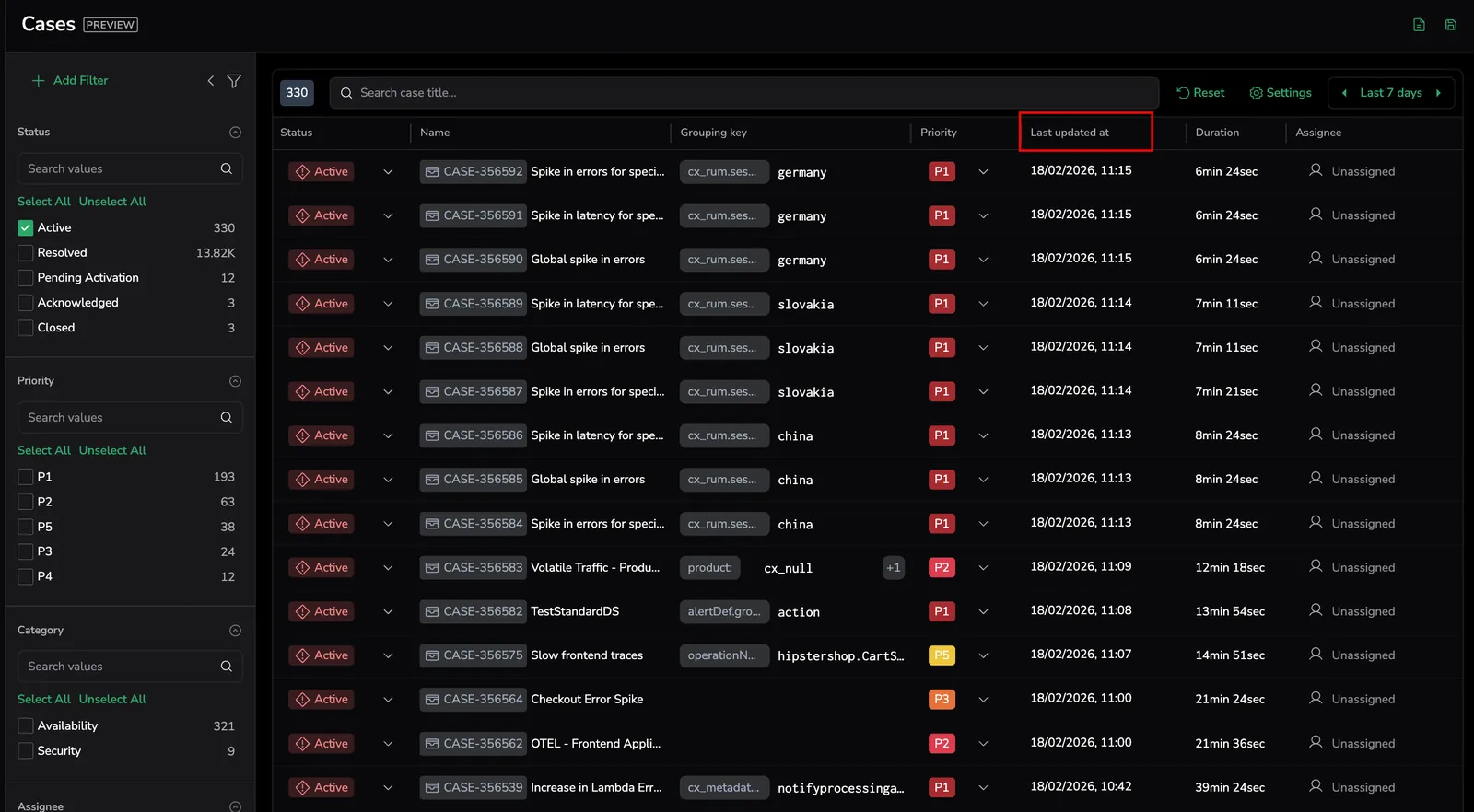 Cases Last updated timestamp reflecting meaningful operational changes only