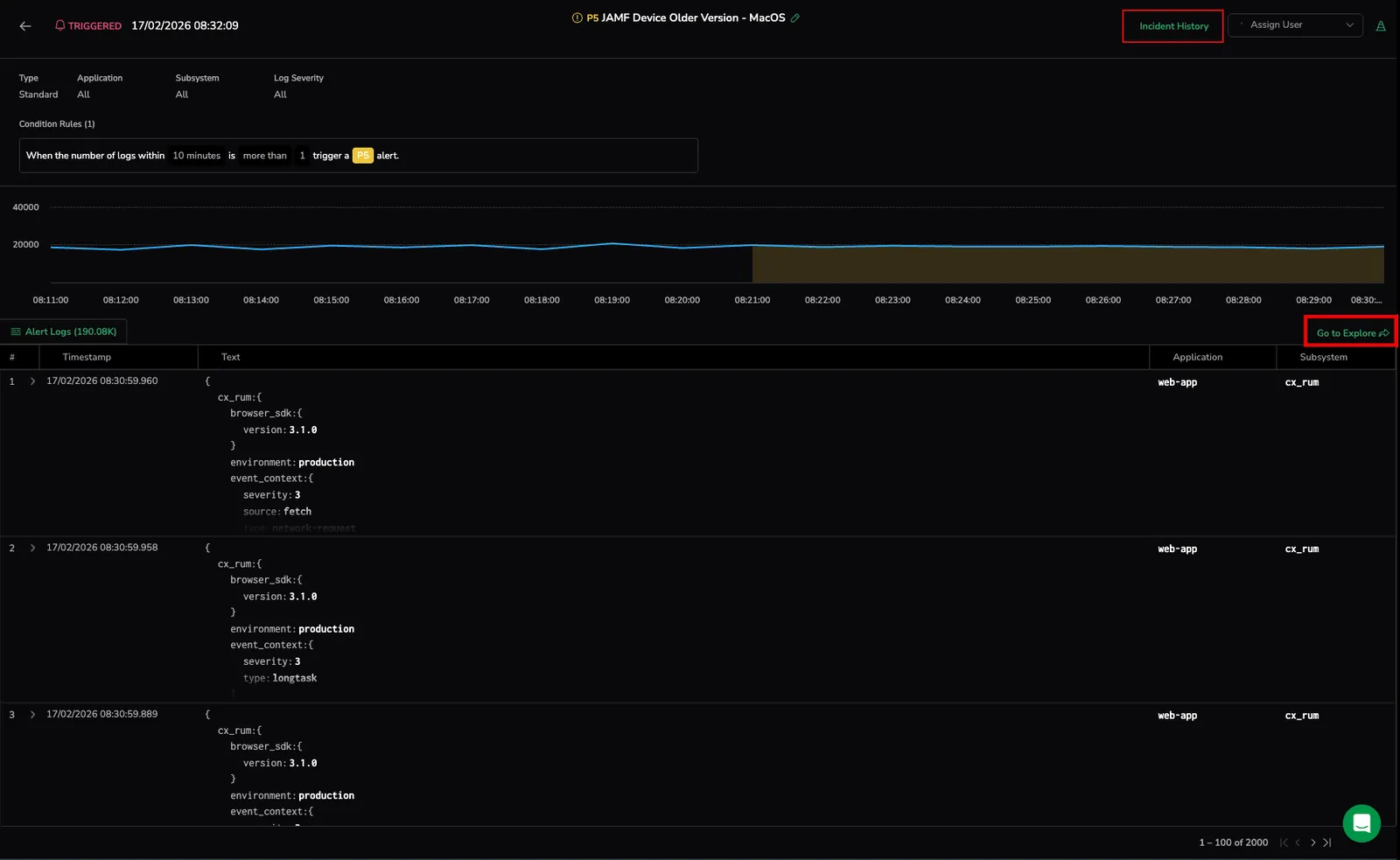 Incidents context showing alert trigger details and event history