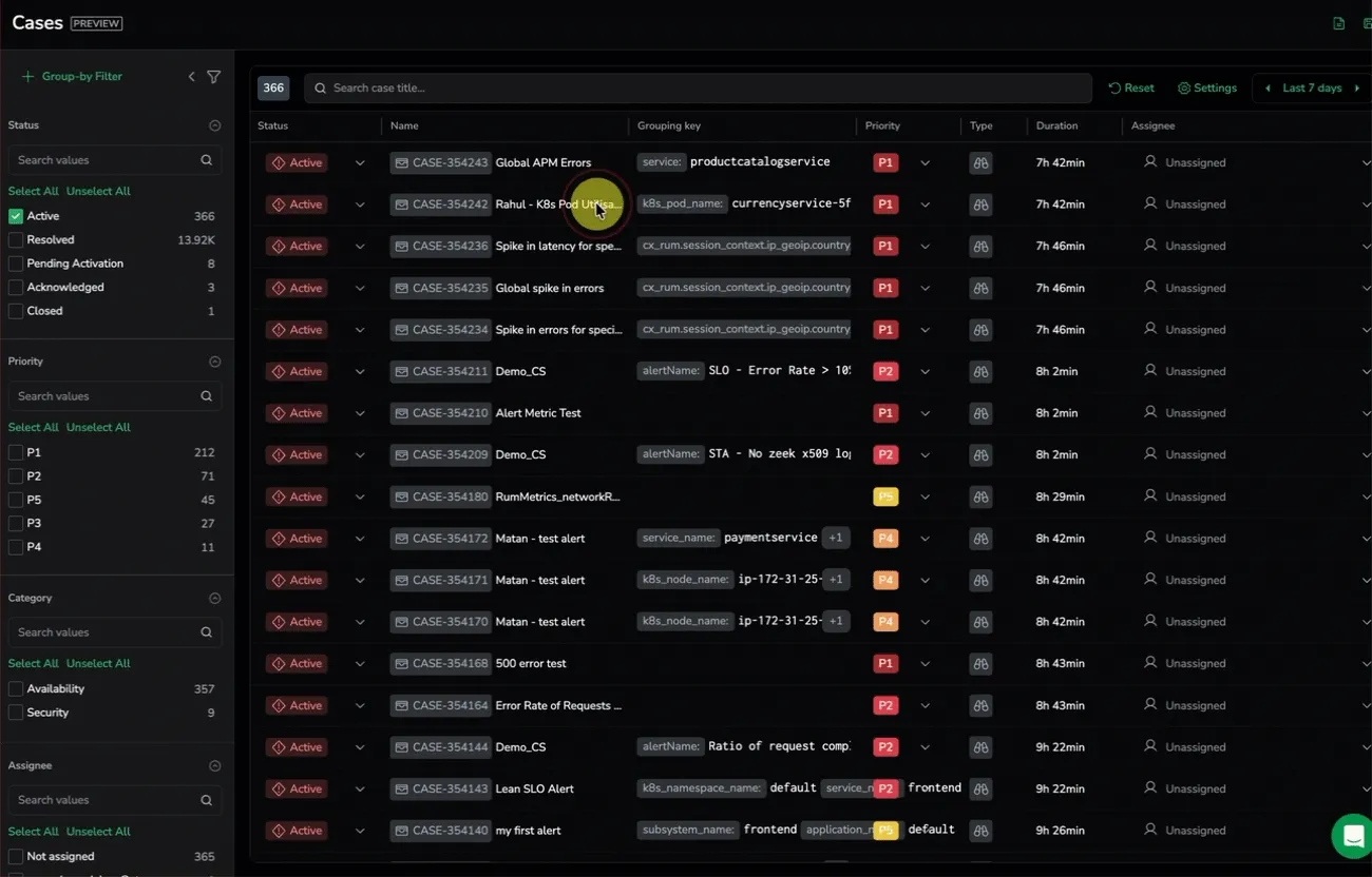 Cases triage workflow with built-in views for alert behavior and telemetry