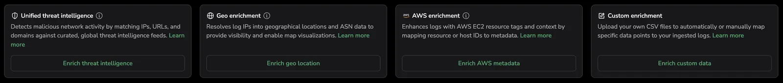 The four enrichment type shortcut cards on the Data Enrichment screen