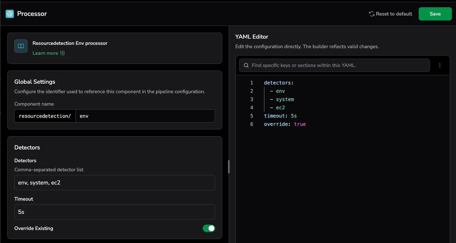 Node config drawer for a resourcedetection/env processor showing the component info card at the top with a Learn more link, the editable suffix component name, form fields, and the YAML editor