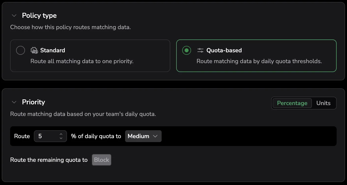 Quota-based policy type selected, with the Priority section routing a percentage of daily quota to Medium and the remaining quota to Block
