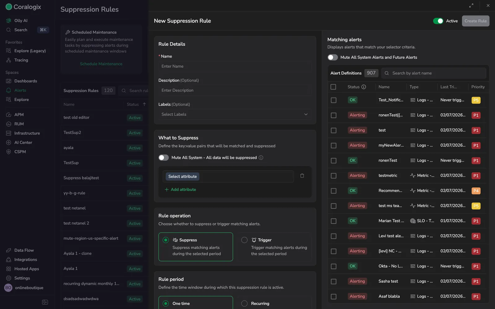 New suppression rule drawer with the rule fields and the matching alerts panel