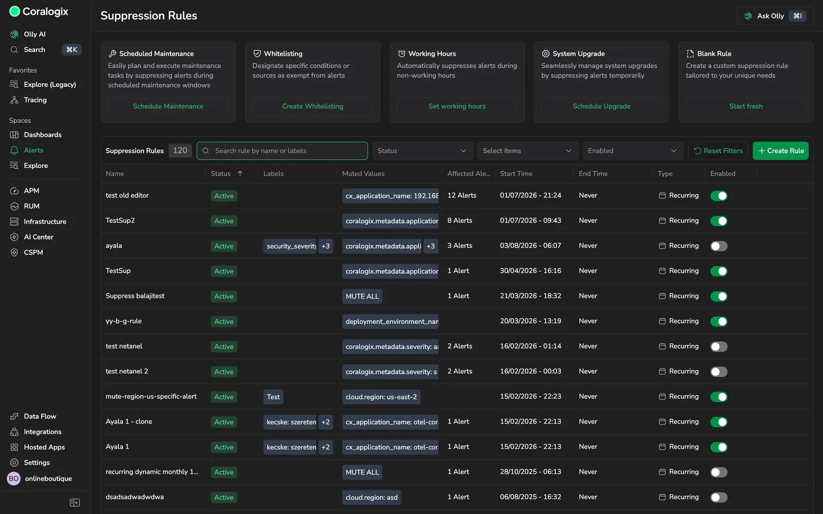 Suppression Rules page showing preset cards and a table of existing rules